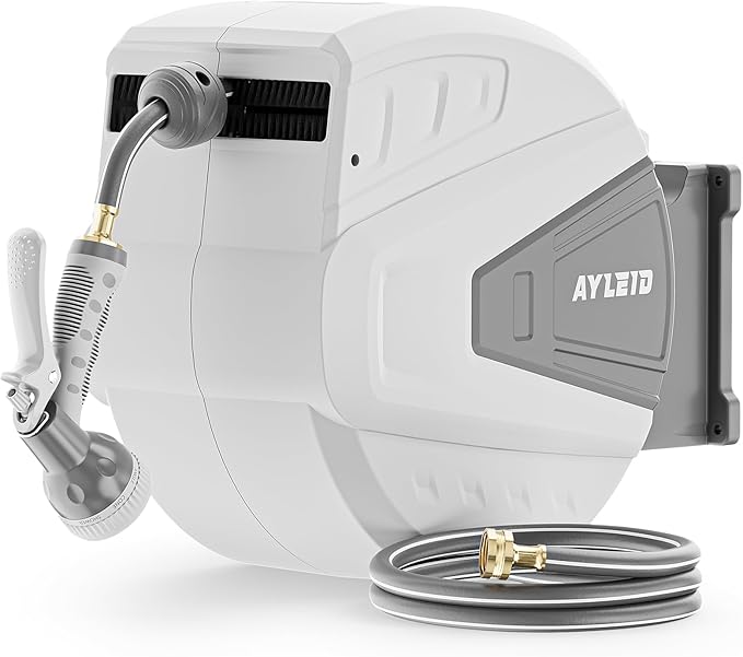 Ayleid Retractable Rubber Hybrid Garden Hose Reel, 5/8"x100ft Wall Mount | Anti-freeze, kink-free premium rubber hybrid hose, 24-month warranty, 9-pattern sprayer, any-length lock, slow auto-return.