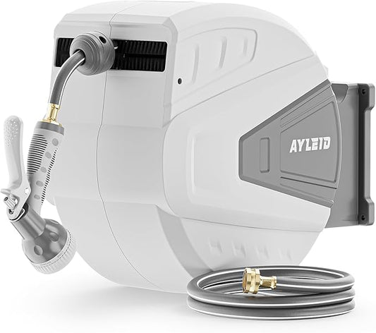 Ayleid Retractable Rubber Hybrid Garden Hose Reel, 5/8"x100ft Wall Mount | Anti-freeze, kink-free premium rubber hybrid hose, 24-month warranty, 9-pattern sprayer, any-length lock, slow auto-return.