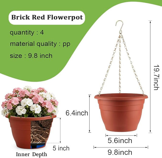 RooTrimmer Hanging Planters 10 Inch, 4 Pcs Flower Pots with Drainage Hole, Self Watering Hanging Basket for Indoor Outdoor Plants, Decor, Pottery Red