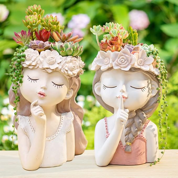Cute Succulent Plant Pot with Drainage Hole large girl face planter pot big Resin lady head planter 11 inch tall flower vases for indoor and Outdoor plants fairy garden gift for plants lover