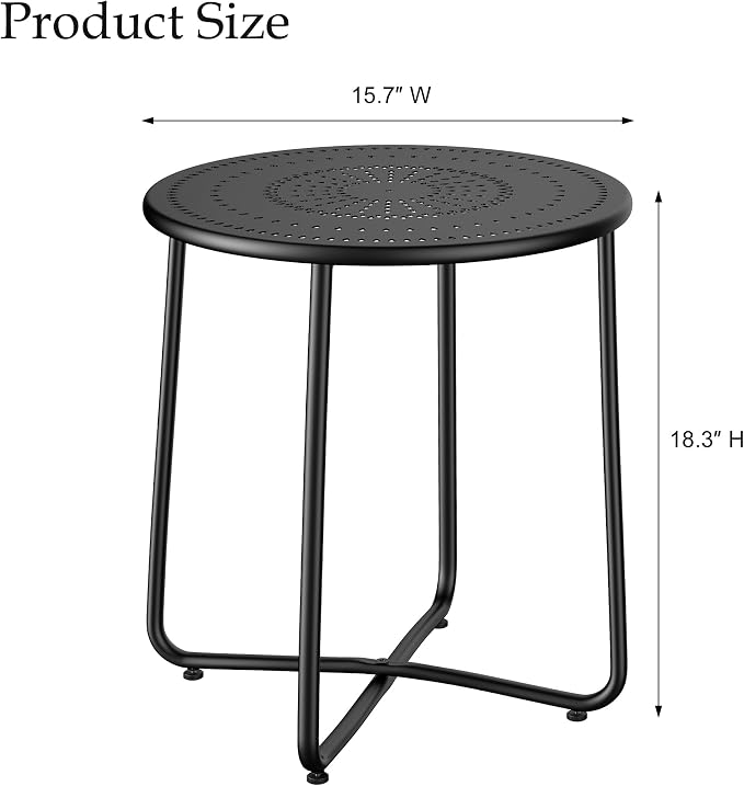 Outdoor Side Table, Small Patio Table Waterproof Round Metal Weather Resistant Outside End Table for Balcony Bistro Porch Yard Garden Patio, Black