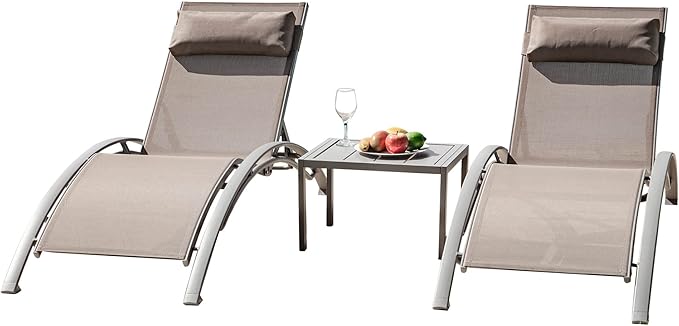 Domi Outdoor Chaise Lounge Set of 3 Patio Recliner Chairs with Adjustable Backrest and Removable Pillow for Indoor&Outdoor Beach Pool Sunbathing Lawn Khaki