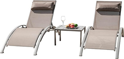 Domi Outdoor Chaise Lounge Set of 3 Patio Recliner Chairs with Adjustable Backrest and Removable Pillow for Indoor&Outdoor Beach Pool Sunbathing Lawn Khaki