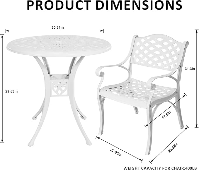 3 Piece Outdoor Dining Set,Cast Aluminum Bistro Set with Umbrella Hole, All Weather Patio Furniture Set, Small Patio Dining Set for Garden/Balcony/Deck, White