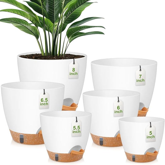QRRICA Plant Pots 8/7/6.5/6/5.5/5 Inch Self Watering Pots, with Drainage Holes and Saucers,Water Level Indicator & Deep Reservoir,Large Plastic Planter for Indoor Out Door Plants (White)