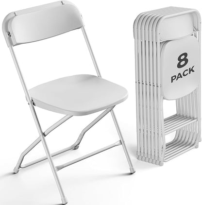 8 Pack White Plastic Folding Chairs, Outdoor Portable Folding Chair with Steel Frame, 350lbs Capacity Stackable Foldable Chairs for Patio, Garden, Picnic, Kitchen, Events