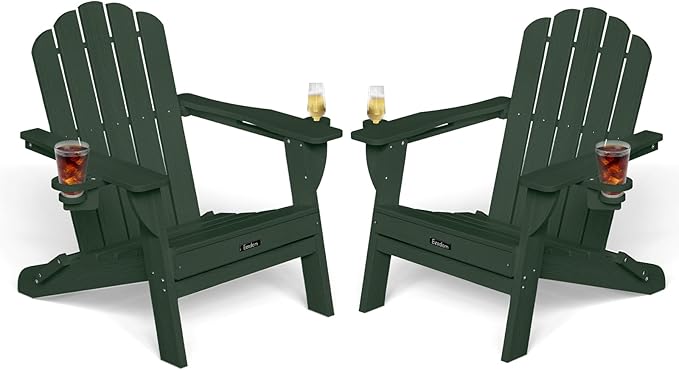 Adirondack Chairs Set of 2, HDPE Material Fire Pit Chairs, Plastic Adirondack Chairs with 2 Cup Holder, Outdoor Lawn Chair for Patio Garden, Green