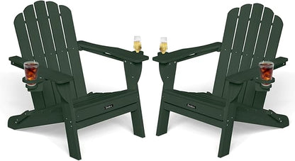 Adirondack Chairs Set of 2, HDPE Material Fire Pit Chairs, Plastic Adirondack Chairs with 2 Cup Holder, Outdoor Lawn Chair for Patio Garden, Green