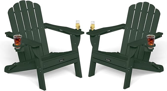 Adirondack Chairs Set of 2, HDPE Material Fire Pit Chairs, Plastic Adirondack Chairs with 2 Cup Holder, Outdoor Lawn Chair for Patio Garden, Green