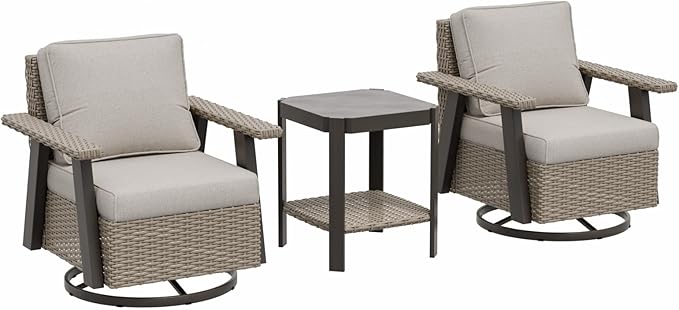 EAGLE PEAK Classic Wicker Patio Bistro Set of 3, Outdoor Patio Furniture with 360° Swivel Rocker Chair and Side Table, Lounge Set for Porch, Deck, or Balcony, Beige/Beige
