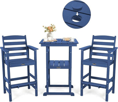 FUNBERRY Outdoor Bar Set with Umbrella Holes, Tall Adirondack Chairs and Table, All Weather HDPE Bar Height Outdoor Table and Chairs Set for Bistro Patio Balcony