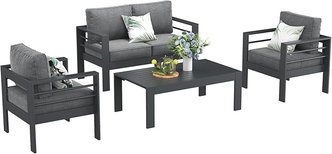 LayinSun Outdoor Aluminum Furniture Set, 4 Pieces Patio Sectional Conversation Chat Sofa Modern Seating Set with Coffee Table