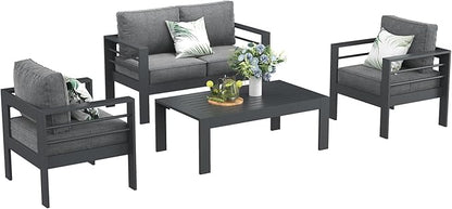 LayinSun Outdoor Aluminum Furniture Set, 4 Pieces Patio Sectional Conversation Chat Sofa Modern Seating Set with Coffee Table
