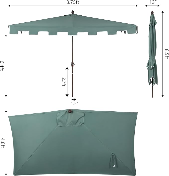 JONATHAN Y Half Umbrella UMB1200E Sidney 9 ft. Classic MidCentury Rectangular Market Patio with Crank, Wind Vent and UV Protection in Green/White