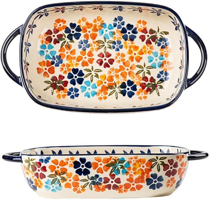 Colorful Cherry Blossom Flowers Vintage Style Ceramic Bakeware Dish Casserole Dish Baking Pan Lasagna Pans with Handles for Oven/Cooking/Kitchen, 1 PCS, 22 oz