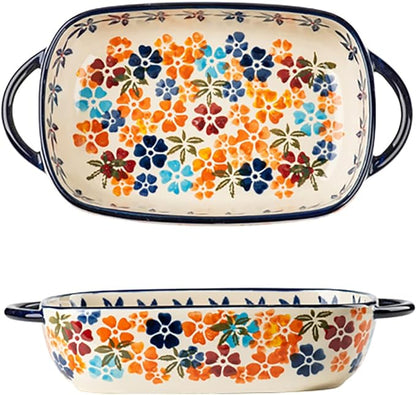 Colorful Cherry Blossom Flowers Vintage Style Ceramic Bakeware Dish Casserole Dish Baking Pan Lasagna Pans with Handles for Oven/Cooking/Kitchen, 1 PCS, 22 oz