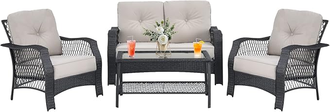 HAPPYGRILL 4 Pieces Patio Conversation Set Outdoor Rattan Sofa Set with Cushions and Coffee Table with Storage Shelf, Rattan Wicker Patio Furniture Set for Backyard Garden Poolside