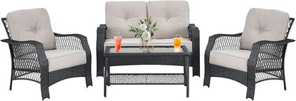 HAPPYGRILL 4 Pieces Patio Conversation Set Outdoor Rattan Sofa Set with Cushions and Coffee Table with Storage Shelf, Rattan Wicker Patio Furniture Set for Backyard Garden Poolside