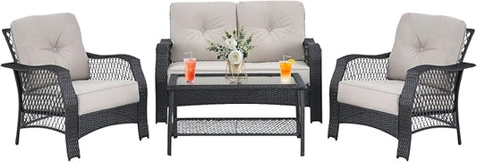HAPPYGRILL 4 Pieces Patio Conversation Set Outdoor Rattan Sofa Set with Cushions and Coffee Table with Storage Shelf, Rattan Wicker Patio Furniture Set for Backyard Garden Poolside