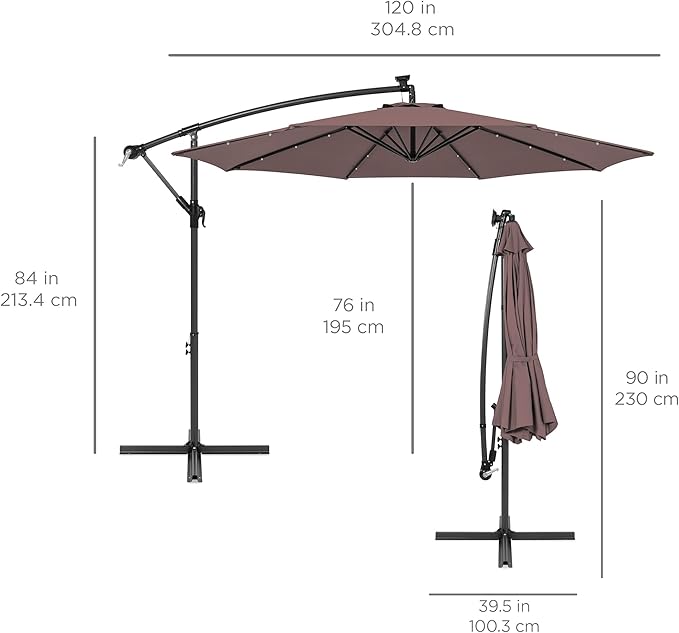 Best Choice Products 10ft Solar LED Offset Hanging Market Patio Umbrella for Backyard, Poolside, Lawn and Garden w/Easy Tilt Adjustment, Polyester Shade, 8 Ribs - Deep Taupe