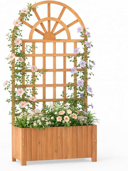 Giantex Wooden Raised Garden Bed with Arched Trellis, 71” Fir Wood Outdoor Elevated Planter Box Privacy Screen with Drainage Holes, Vertical Garden Bed for Climbing Plants, Patio Balcony Backyard