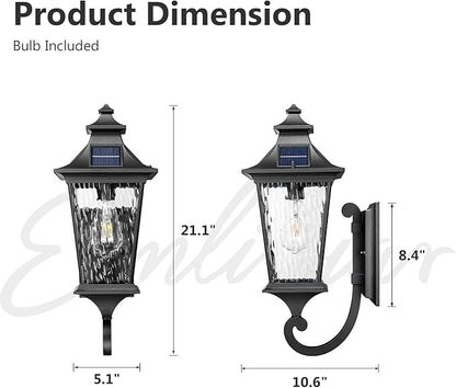 Emliviar Solar Wall Lantern Outdoor, Waterproof Outdoor Sconce Light, Dusk to Dawn LED Exterior Wall Lighting with Water Ripple Glass, Black Finish, 500181-SL SW BK
