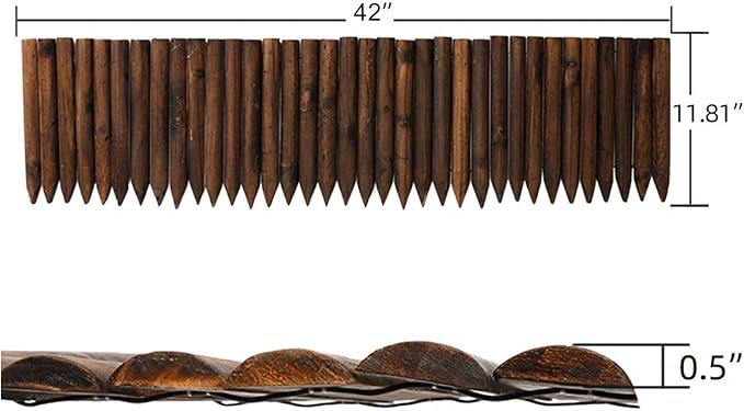 Worth Garden Wooden Short Fence Edging - Burnt Wood Finish Outdoor Lawn Landscape Edging - Flexible Decorative Border - Tree Fence - 11.8'' H x 42'' L - K624A05