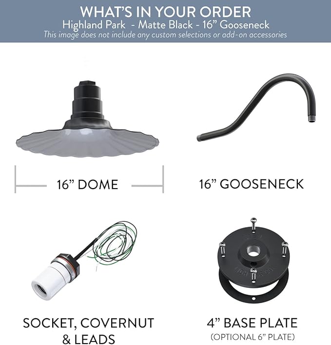 Steel Lighting Co. Highland Park Barn Light | Outdoor Wall Mounted | 16 inch Radial Wave | 16 inch Gooseneck | Vintage Style Made in America | Matte Black Exterior/White Interior