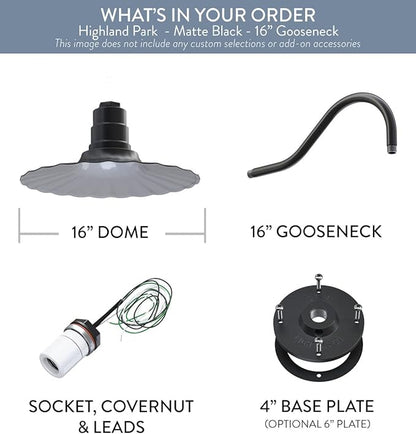 Steel Lighting Co. Highland Park Barn Light | Outdoor Wall Mounted | 16 inch Radial Wave | 16 inch Gooseneck | Vintage Style Made in America | Matte Black Exterior/White Interior