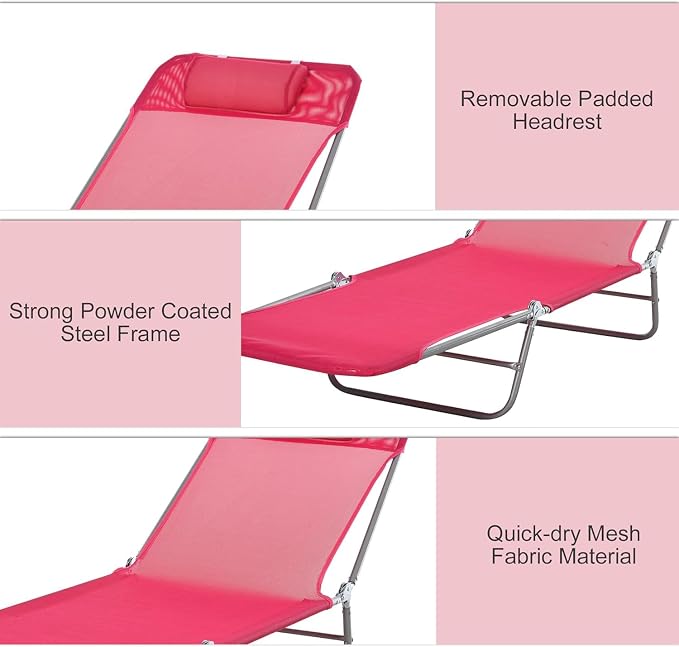 Outdoor Chaise Lounge with Detachable Pillow, Reclining Folding Chair with 5-Position Adjustable Back, Portable Tanning Chair for Beach, Pool, Lawn, Breathable Mesh Seat, No Assembly