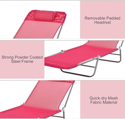 Outdoor Chaise Lounge with Detachable Pillow, Reclining Folding Chair with 5-Position Adjustable Back, Portable Tanning Chair for Beach, Pool, Lawn, Breathable Mesh Seat, No Assembly