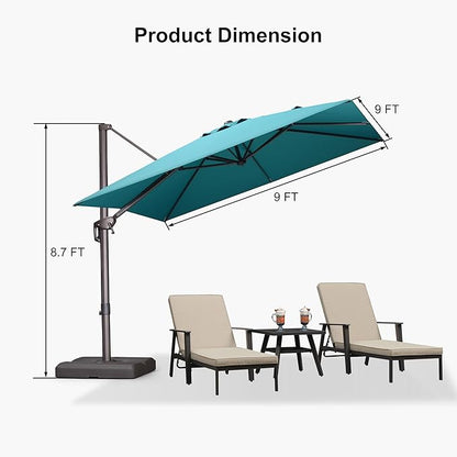 PURPLE LEAF 9' X 9' Patio Umbrella With Base Square Cantilever Umbrella Outdoor with 360° Rotation and Aluminum Offset Hanging for Pool Deck Garden Backyard, Turquoise