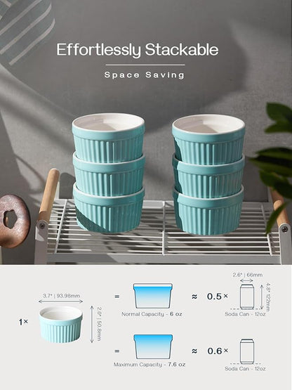DOWAN Ramekins 6 oz Oven Safe for Creme Brulee Souffle, Porcelain Ramekin for Baking, Classic Style Ramekins Bowls Souffle Dishes Custard Cups, Set of 6, Blue