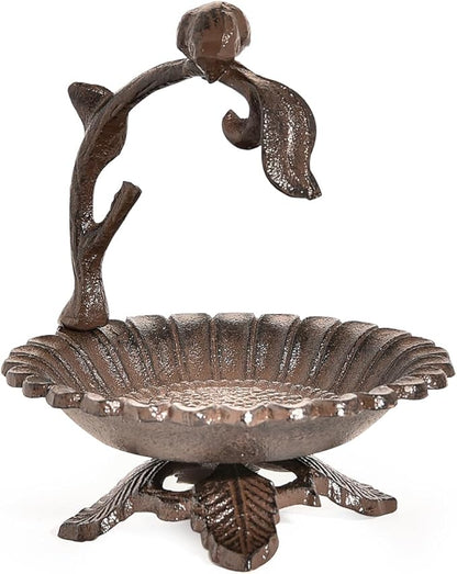 Sungmor Cast Iron Sunflower Birdbath for Outdoors, Vintage Small Fence Post Bird Feeder Bird Seed Tray, 6.1 Inch Patio Table Bird Bath Bowl, Home Garden Lawn Yard Decorations, Rustic Brown