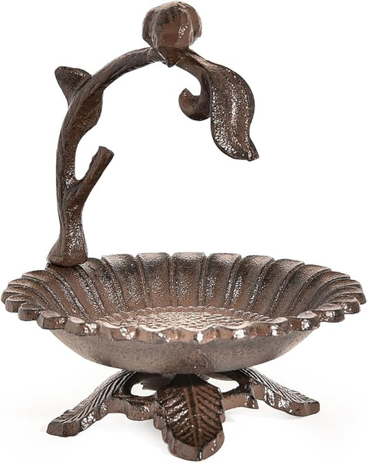 Sungmor Cast Iron Sunflower Birdbath for Outdoors, Vintage Small Fence Post Bird Feeder Bird Seed Tray, 6.1 Inch Patio Table Bird Bath Bowl, Home Garden Lawn Yard Decorations, Rustic Brown