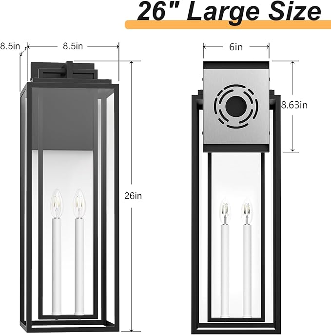 𝟐𝟔𝐈𝐍 Large Outdoor Wall Lights, Modern Exterior Lighting Fixtures with White E12 Base, Wall Mount Lantern Waterproof Outside Sconce for House Porch Patio Yard Front Door