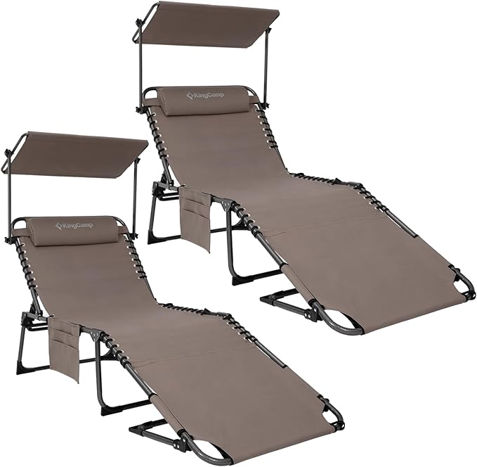 KingCamp 2 Pack Tanning Chair with Face Hole, Lounge Chairs Outdoor Folding Portable Comfy Adjustable 5-Position Foldable Chaise Chaser with Canopy Shade for Outside Beach Patio Sun Bathing, Beige