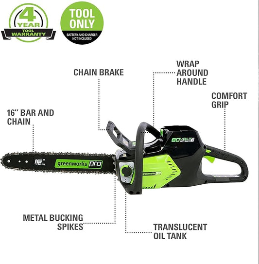 Greenworks 80V 16" Brushless Cordless Chainsaw (Great For Tree Felling, Limbing, Pruning, and Firewood / 75+ Compatible Tools), Tool Only