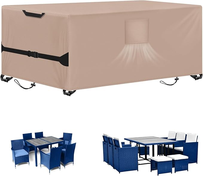 Kovshuiwe Rectangular Patio Heavy Duty Table Cover -Garden Furniture Covers for Shade and Rain, 600D Oxford Cloth Waterproof Outdoor Dining Table and Chairs Furniture 111" L x 74" W x28 H,Khaki