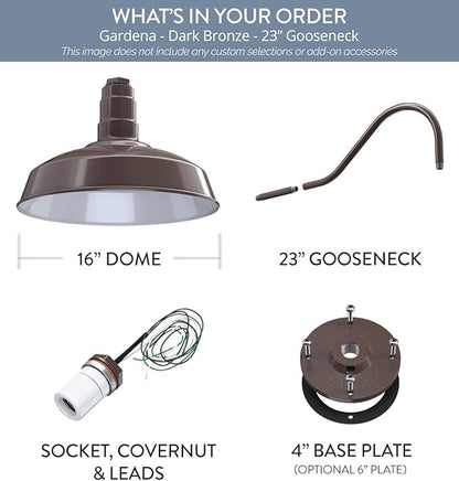 Steel Lighting Co. Gardena Barn Light | Outdoor Wall Mounted | 16" Dome | 23" Gooseneck | Farmhouse Light Made in America | Dark Bronze Exterior/White Interior