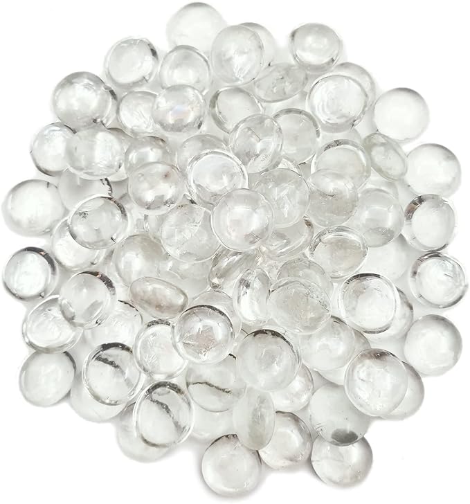 Flat Glass Marbles 1 Pound Vase Filler Fire Pit Glass Pebbles for Indoor Plants, Aquarium Fish Tank Decorations, Home Decor, Fire Pit, Landscaping, Arts Crafts (Clear)