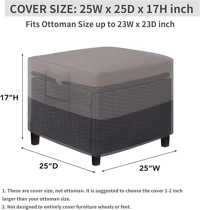 Easy-Going Outdoor Ottoman Cover, Waterproof Patio Ottoman Cover, Heavy Duty Outdoor Furniture Cover with Padded Handles (1 Pack-25"x25"x17", Gray/Dark Gray)