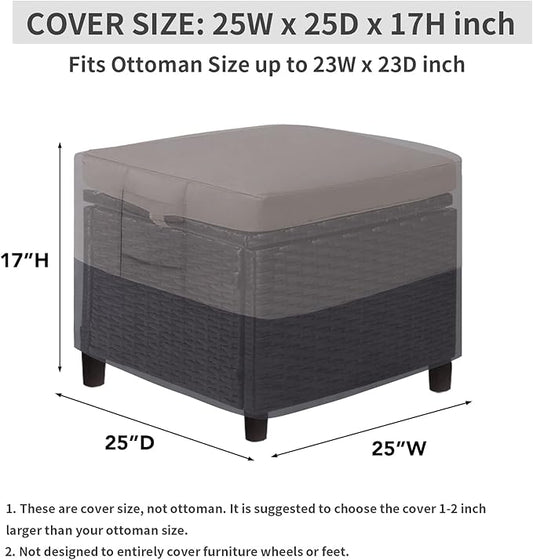 Easy-Going Outdoor Ottoman Cover, Waterproof Patio Ottoman Cover, Heavy Duty Outdoor Furniture Cover with Padded Handles (1 Pack-25"x25"x17", Gray/Dark Gray)