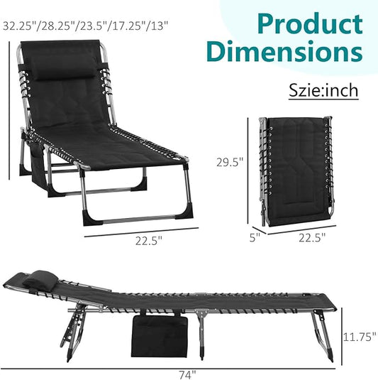 Portable Foldable Sun Tanning Chair, Heavy Duty Adjustable Folding Laying Out Chairs for Tanning, Beach Lounge Chairs for Adults for Outdoor Sunbathing Patio Pool Lawn Camping Deck (Black)
