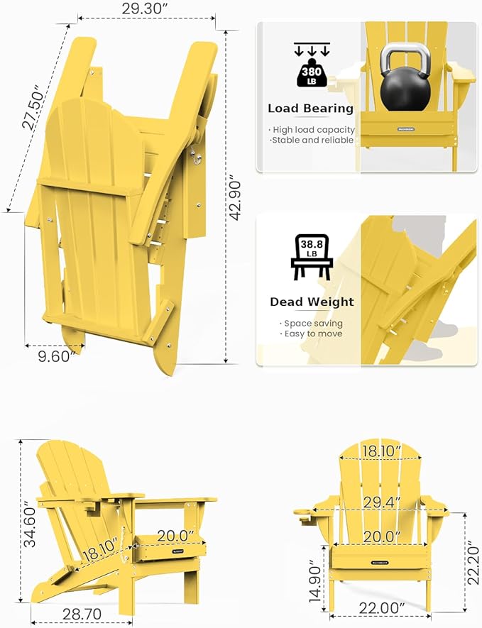 MUCHENGHY Folding Adirondack Chairs Set of 4, Patio Chairs, Lawn Chairs, Outdoor Chair, Adirondack Chair Plastic, Fire Pit, Weather Resistant with Cup Holder for Deck, Backyard, Garden(Olive Yellow)