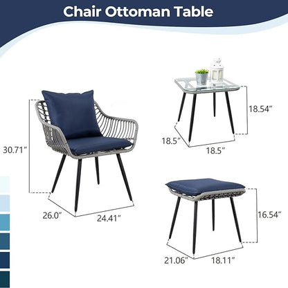 5 Piece Patio Furniture Set, Outdoor Wicker Small Conversation Bistro Set, All-Weather PE Rattan Chairs with Ottoman & Coffee Table, Ideal for Balcony Porch Deck Yard Poolside (Grey/Blue)