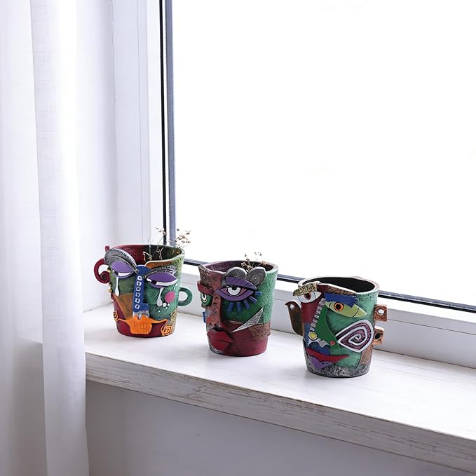 Funny Abstract Art Face Mini Planter Pots Set of 3, Unique & Colorful Hand-Painted Resin Succulent Pots for Indoor Decor, Shelf, Desk, Windowsill