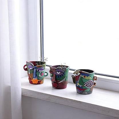 Funny Abstract Art Face Mini Planter Pots Set of 3, Unique & Colorful Hand-Painted Resin Succulent Pots for Indoor Decor, Shelf, Desk, Windowsill