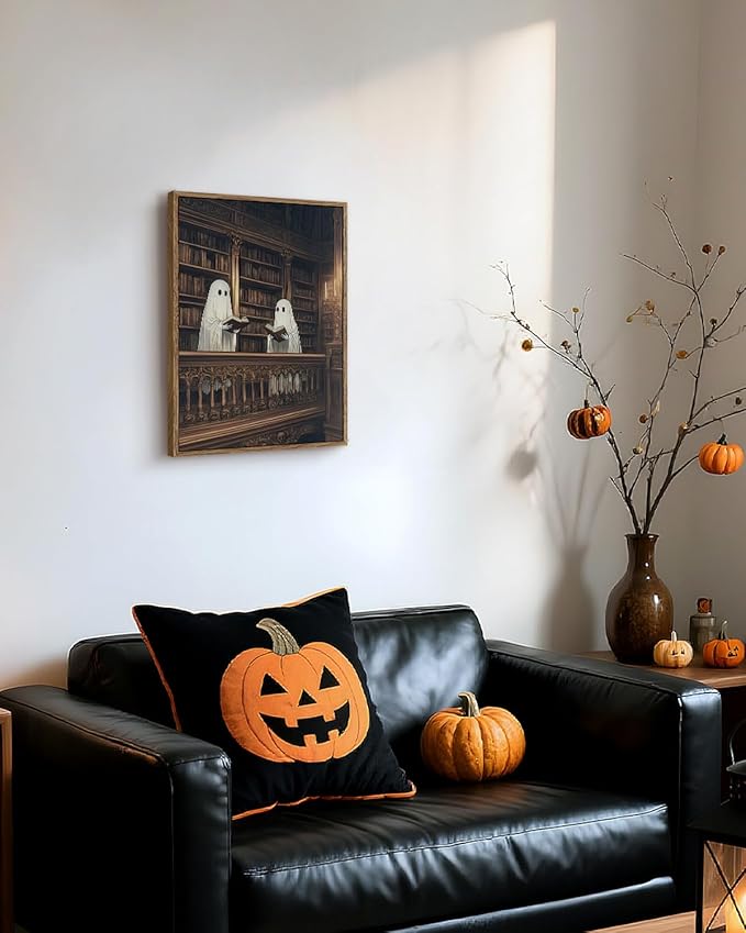 InSimSea Framed Canvas Prints Art Vintage Decor, Cute Reading Ghosts Library Painting, Moody Spooky Dark Academia Wall Art for Bathroom, Halloween Witchy Room Wall Cottagecore Decor, 12x16inch