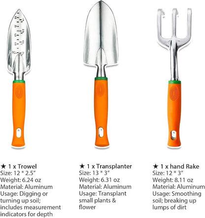 UKOKE Garden Tool Set, 3 Piece Aluminum Hand Tool Kit, Outdoor Tool, Heavy Duty Gardening Work Set with Ergonomic Handle, Gardening Tools for Women Men